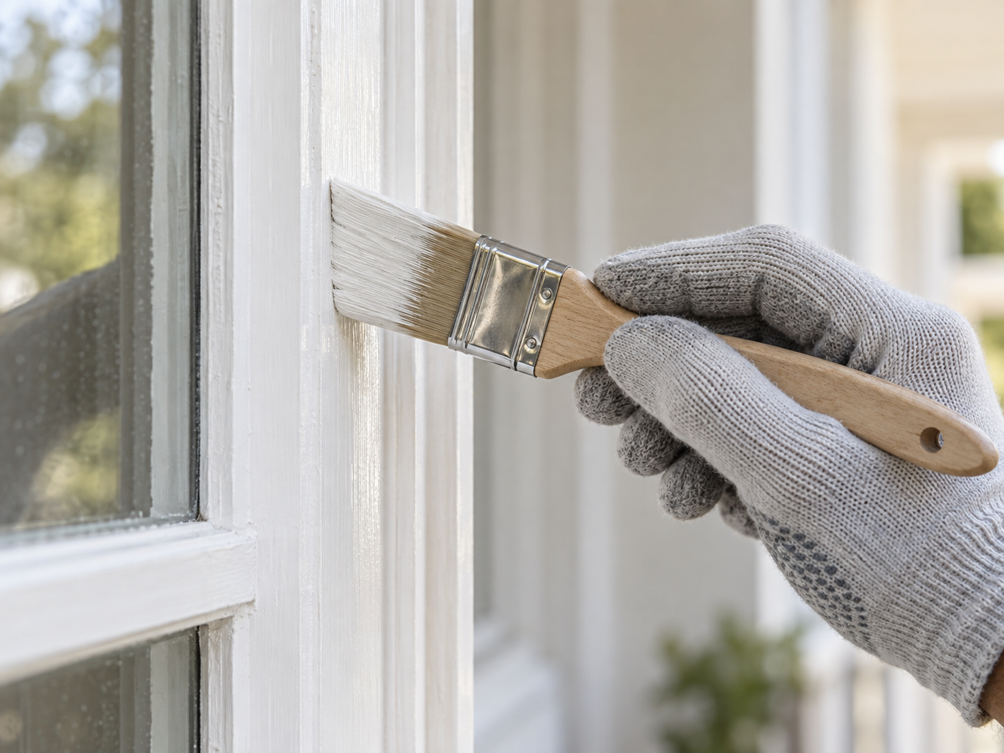 Illustration of a paintbrush applying paint to window trim